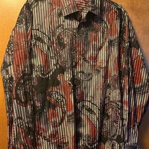 Black and Red Casual Button Down Shirt with Artistic Pattern